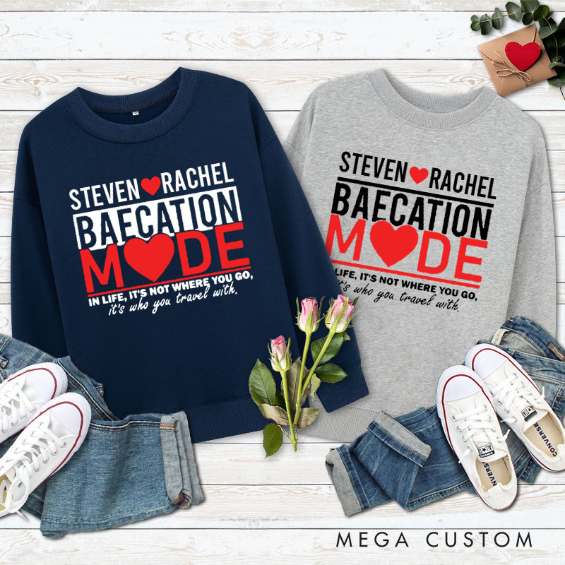 Personalized Couple Baecation Mode Matching Sweatshirt with Name Couple Valentine's Day Sweatshirt for Husband Wife Boyfriend Girlfriend