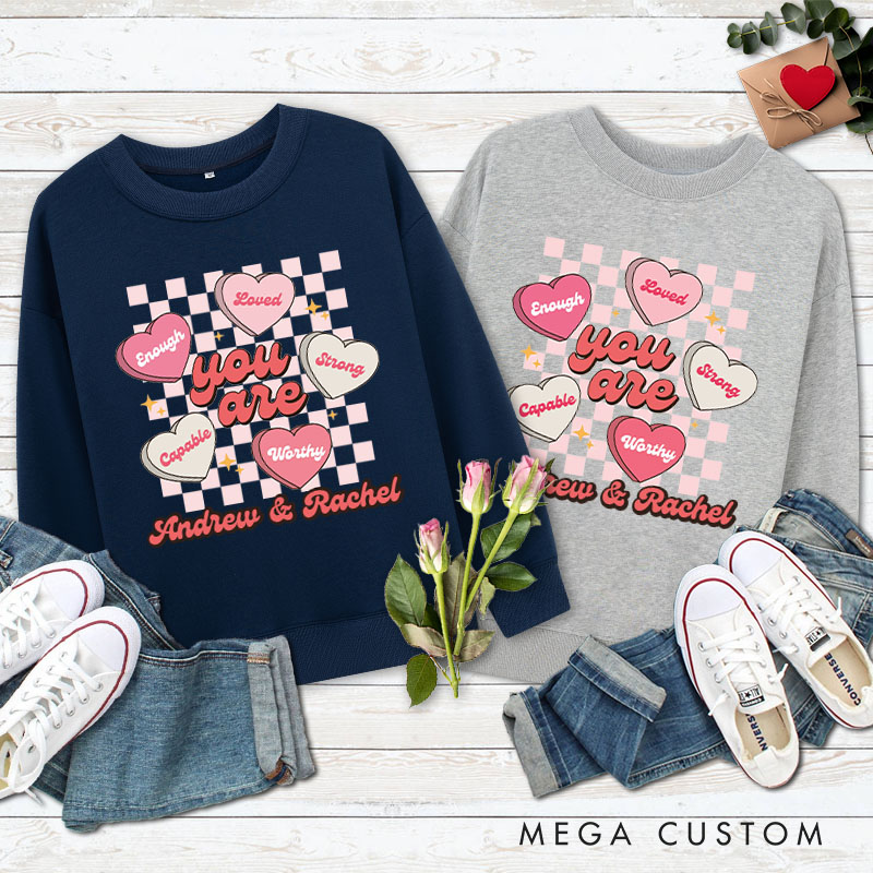 Personalized Couple Pink Checkerboard Heart Matching Sweatshirt with Name Couple Valentine's Day Sweatshirt for Husband Wife Boyfriend Girlfriend