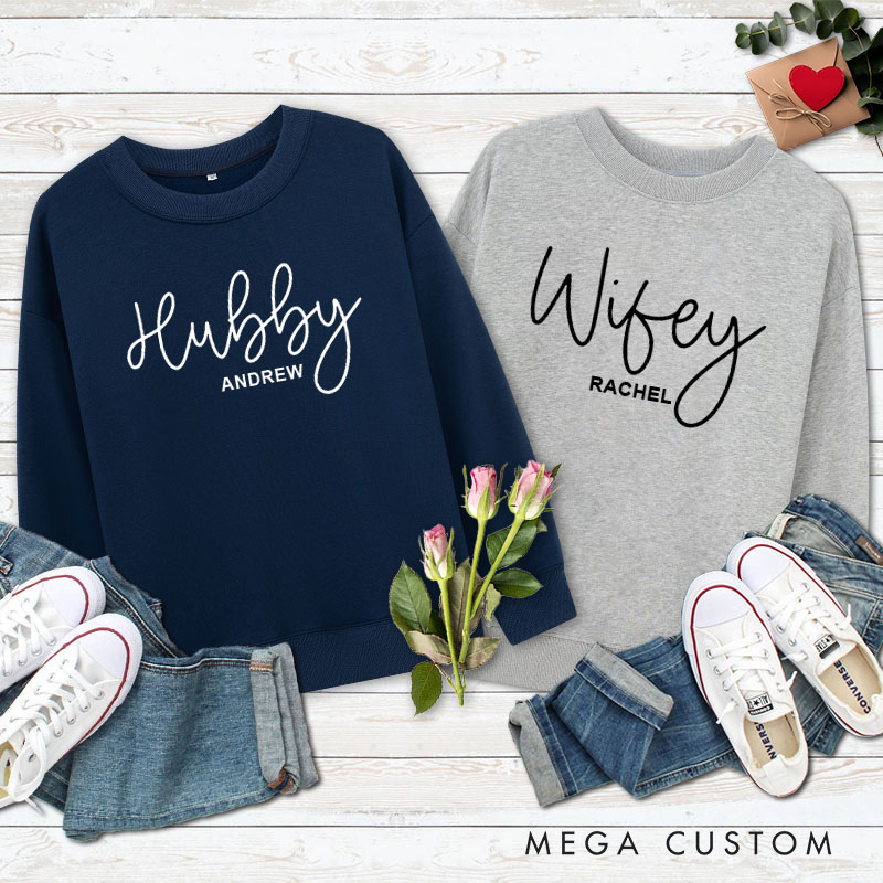 Personalized Couple Adorable Hubby and Wifey Matching Sweatshirt with Name Couple Valentine’s Day Sweatshirt for Husband Wife Hubby Wifey