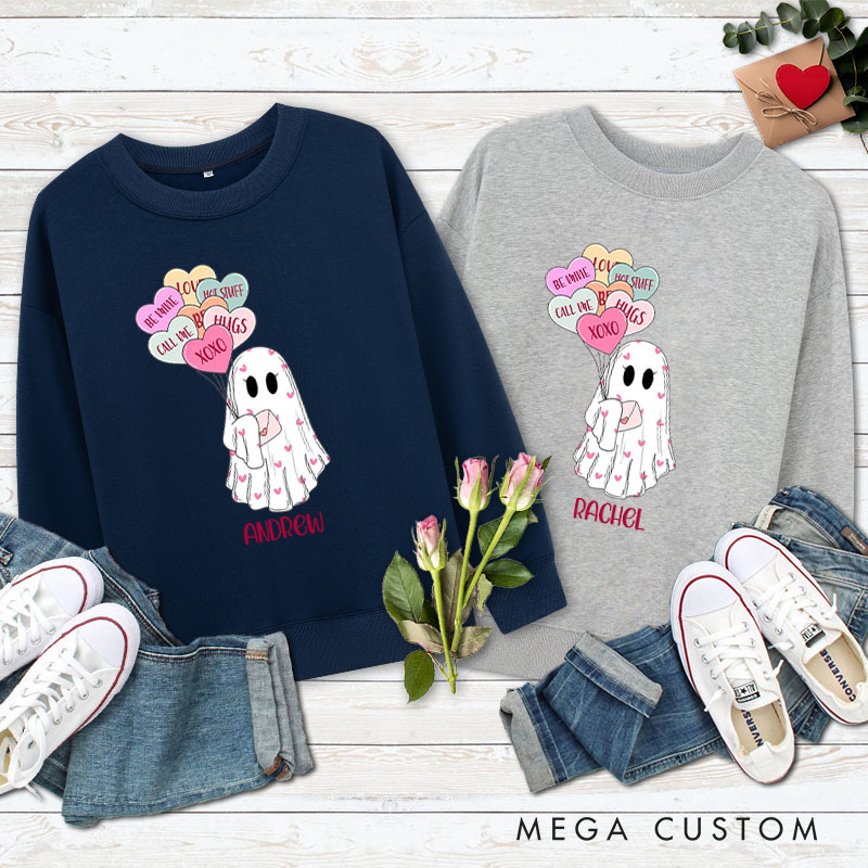 Personalized Couple Ghost Holding Heart Balloon Matching Sweatshirt Couple Valentine's Day Sweatshirt for Husband Wife Boyfriend Girlfriend