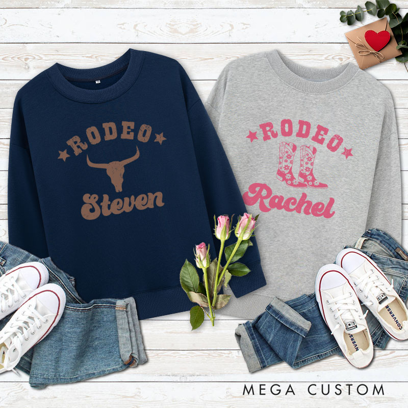 Personalized Couple Rodeo Bull Skull and Cowgirl Boot Matching Sweatshirt Couple Valentine’s Day Sweatshirt for Husband Wife Boyfriend Girlfriend