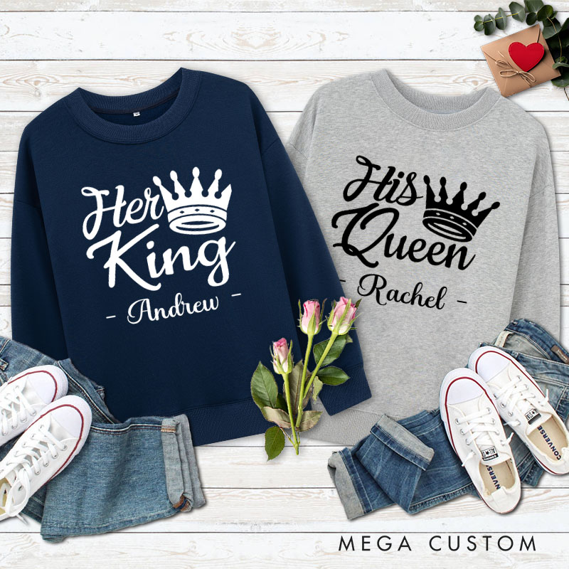 Personalized Couple Elegant Her King and His Queen with Crown Matching Sweatshirt Valentine's Day Sweatshirt for Husband Wife Boyfriend Girlfriend