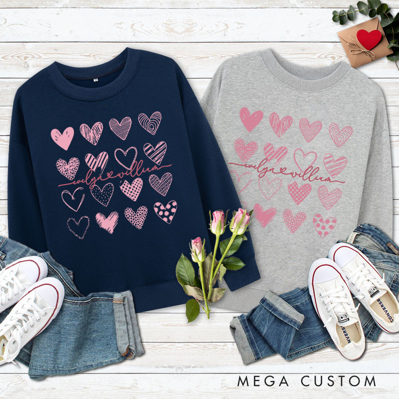 Personalized Couple charming Pink Hearts Matching Sweatshirt with Name Couple Valentine's Day Sweatshirt for Husband Wife Boyfriend Girlfriend