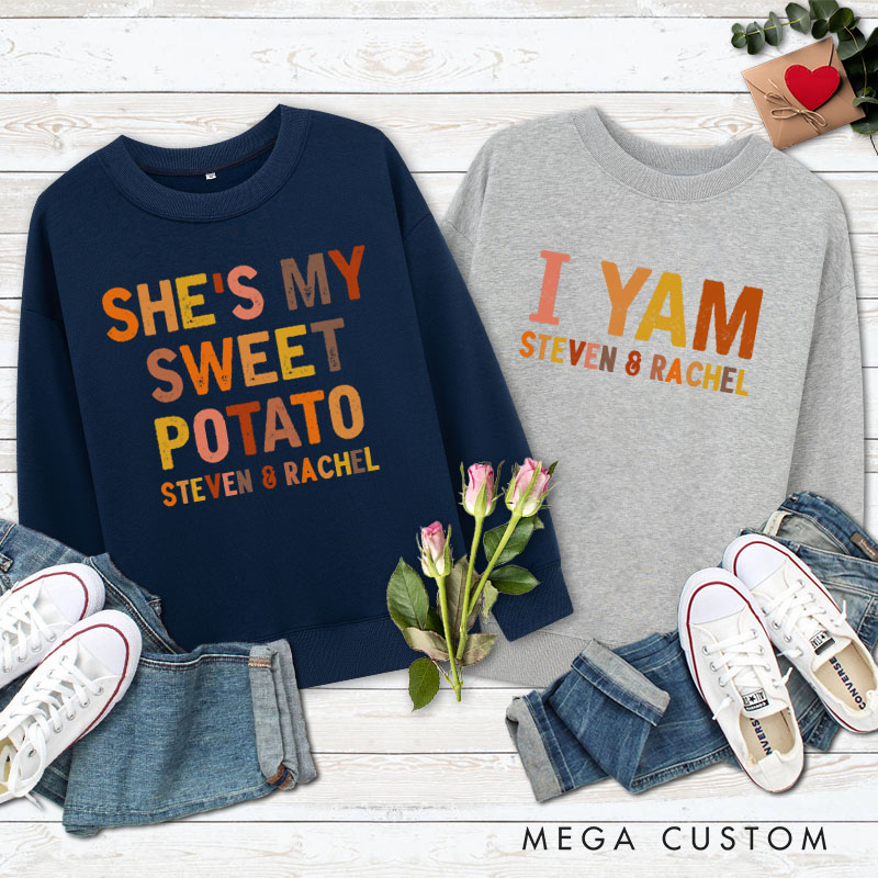 Personalized Couple Retro She's My Sweet Potato and I Yam Matching Sweatshirt Couple Thanksgiving Sweatshirt for Husband Wife Boyfriend Girlfriend