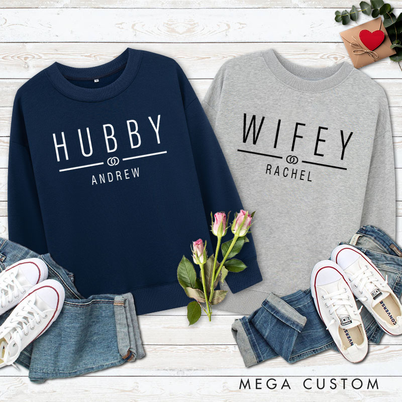 Personalized Couple Hubby and Wifey with Ring Matching Sweatshirt Couple Valentine’s Day Sweatshirt for Husband Wife Hubby Wifey
