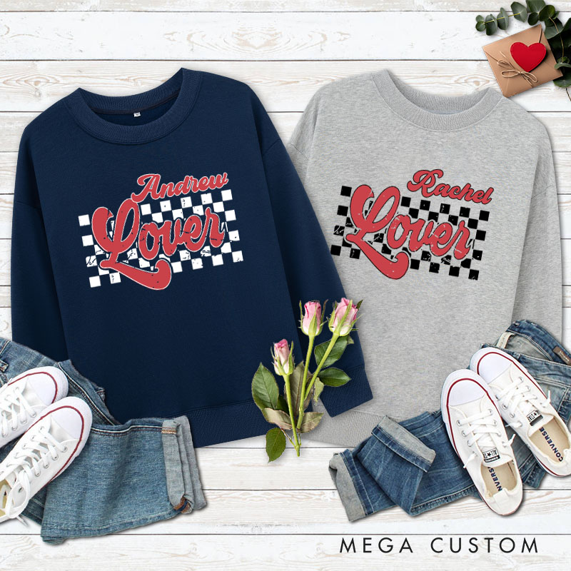 Personalized Couple Checkered Lover Matching Sweatshirt Couple with Name Valentine's Day Sweatshirt for Husband Wife Boyfriend Girlfriend