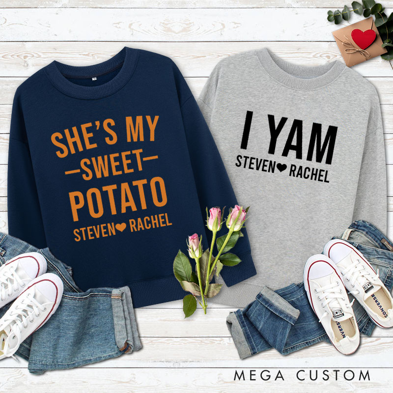 Personalized Couple Adorable She's My Sweet Potato and I Yam Matching Sweatshirt Couple Thanksgiving Sweatshirt for Husband Wife Boyfriend Girlfriend