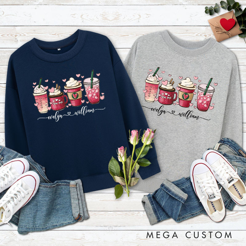 Personalized Couple Pink Coffee with Heart Matching Sweatshirt Couple Valentine’s Day Sweatshirt for Husband Wife Boyfriend Girlfriend
