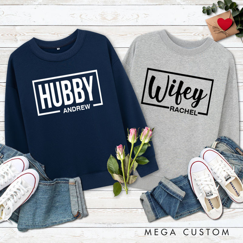 Personalized Couple Modern Hubby and Wifey Matching Sweatshirt with Name Couple Valentine’s Day Sweatshirt for Husband Wife Hubby Wifey