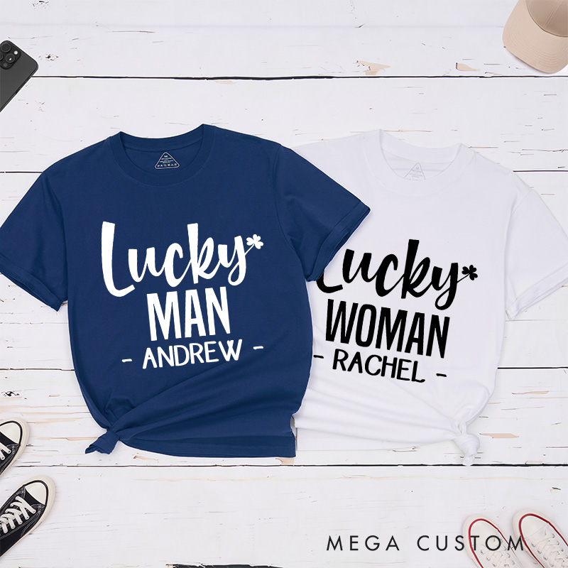 Personalized Couple Lucky Man Lucky Woman with Shamrock Matching T-Shirt Valentine's Day T-Shirt for Husband Wife Boyfriend Girlfriend Gift
