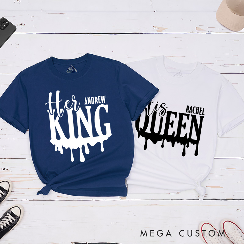 Personalized Couple Her King and His Queen Drip Effect Matching T-Shirt Valentine's Day T-Shirt for Husband Wife Boyfriend Girlfriend Gift