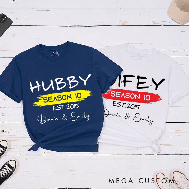 Personalized Couple 10th Anniversary T-Shirt Hubby & Wifey Season 10 Anniversary Shirt for Couples Wife Husband Gift Tees