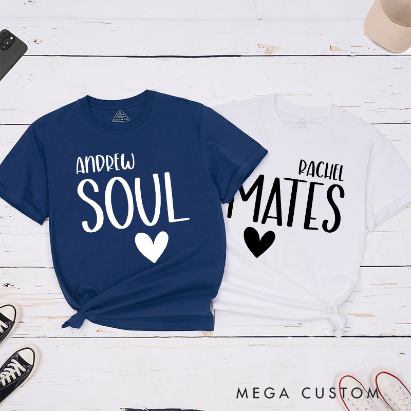 Personalized Couple Minimalist Soul Mates Matching T-Shirt with Name Valentine's Day T-Shirt for Husband Wife Boyfriend Girlfriend Gift