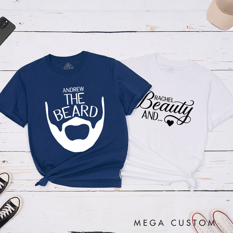 Personalized Couple The Beard and Beauty Matching T-Shirt with Name Valentine's Day T-Shirt for Husband Wife Boyfriend Girlfriend Gift