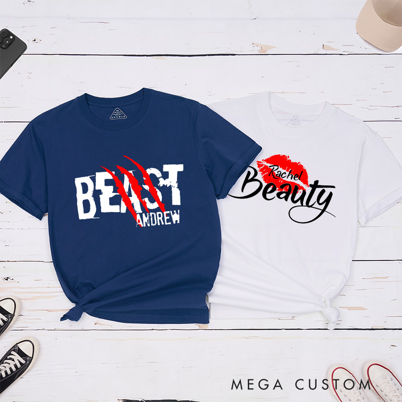 Personalized Couple Beast with Claw and Beauty with Kiss Matching T-Shirt Valentine's Day T-Shirt for Husband Wife Boyfriend Girlfriend