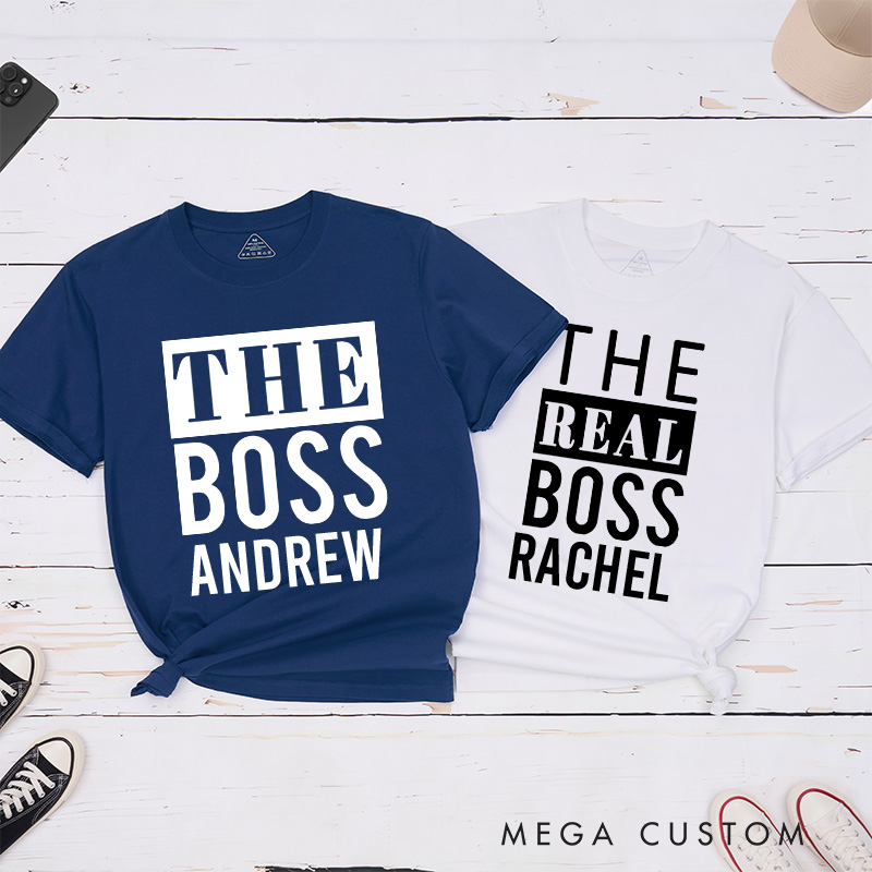 Personalized Minimalist Couple The Boss and The Real Boss Matching T-Shirt Valentine's Day T-Shirt for Husband Wife Boyfriend Girlfriend Gift
