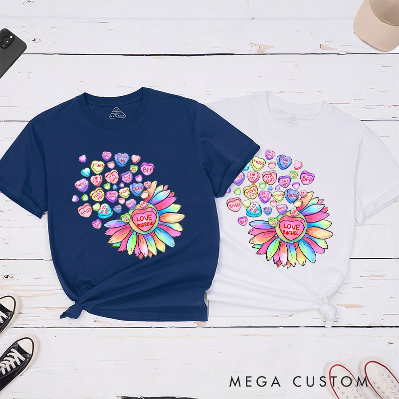 Personalized Couple Colorful Flower and Candy Matching T-Shirt Valentine's Day T-Shirt for Husband Wife Boyfriend Girlfriend Gift for Hubby Wifey