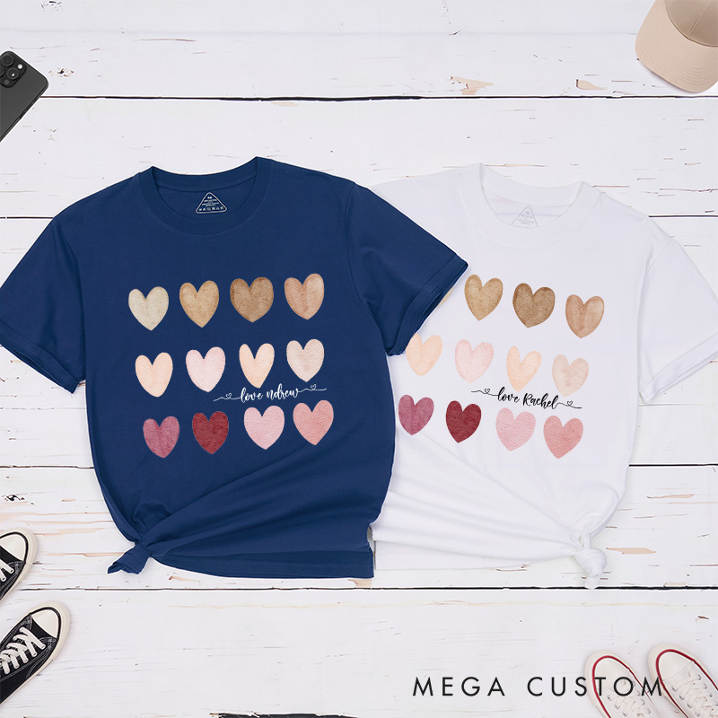 Personalized Couple Watercolor Heart Matching T-Shirt with Name Valentine's Day T-Shirt for Husband Wife Boyfriend Girlfriend Gift for Hubby Wifey