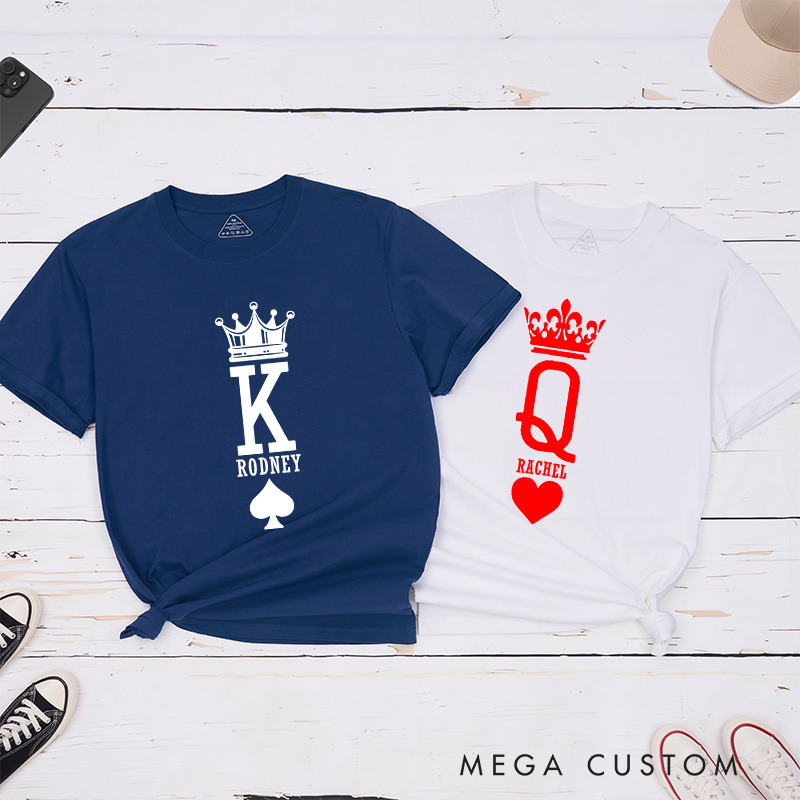 Personalized Minimalist Couple King and Queen with Crown Matching T-Shirt with Name Valentine's Day T-Shirt for Husband Wife Boyfriend Girlfriend Gift