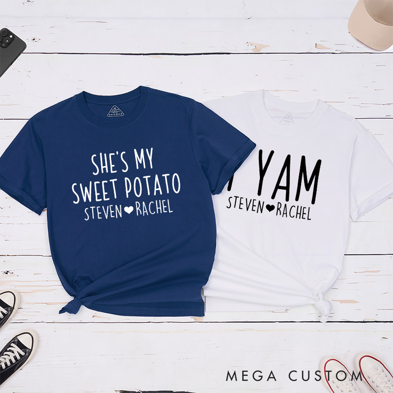 Personalized Couple She’s My Sweet Potato and I Yam Matching T-Shirt with Name Thanksgiving Day T-Shirt for Husband Wife Boyfriend Girlfriend Gift