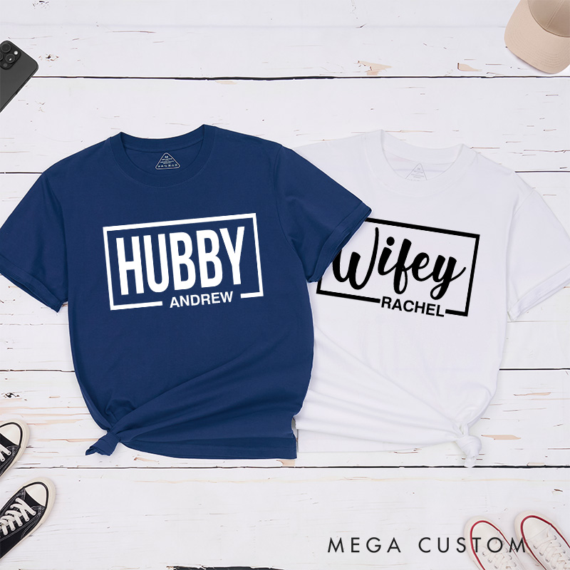 Personalized Couple Minimalist Hubby and Wifey Matching T-Shirt with Name Valentine's Day T-Shirt for Husband Wife Boyfriend Girlfriend Gift