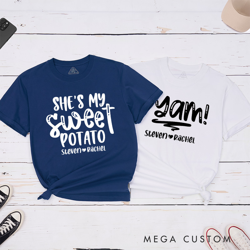 Personalized Couple Cute She’s My Sweet Potato I Yam T-Shirt with Name Thanksgiving Day Matching T-Shirt for Husband Wife Boyfriend Girlfriend Gift