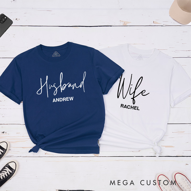 Personalized Couple Handwritten Husband and Wife T-Shirt with Name Valentine's Day Matching T-Shirt for Hubby Wifey Boyfriend Girlfriend Gift