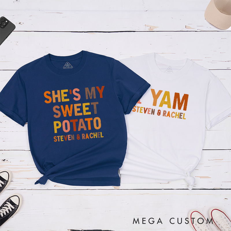 Personalized Couple Retro She’s My Sweet Potato I Yam Matching T-Shirt with Name Thanksgiving Day T-Shirt for Husband Wife Boyfriend Girlfriend Gift