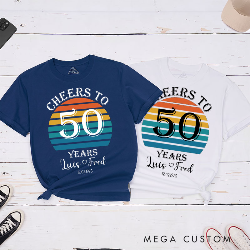 Personalized Couple 50th Anniversary T-Shirt Retro Sunset Anniversary Shirts Cheers to 50 Years T-Shirts for Husband Wife