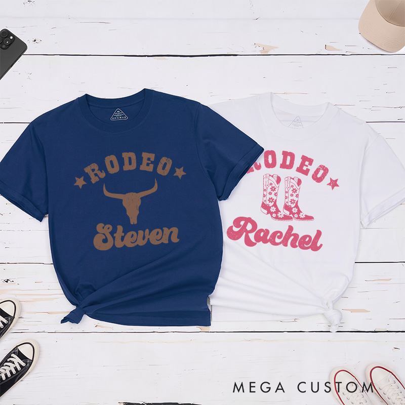 Personalized Couple Rodeo with Bull head and Cowgirl Boots T-Shirt Valentine's Day Matching T-Shirt for Husband Wife Boyfriend Girlfriend Gift