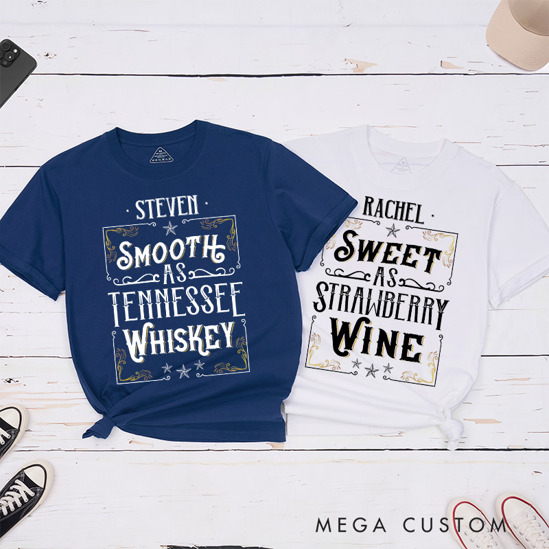 Personalized Couple Vintage Smooth as Tennessee Whiskey T-Shirt Valentine's Day Classic Matching T-Shirt for Husband Wife Boyfriend Girlfriend Gift