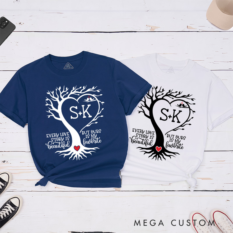 Personalized Couple Heart-Shaped Tree Matching T-Shirt with Initials Valentine's Day Classic T-Shirt for Husband Wife Boyfriend Girlfriend Gift