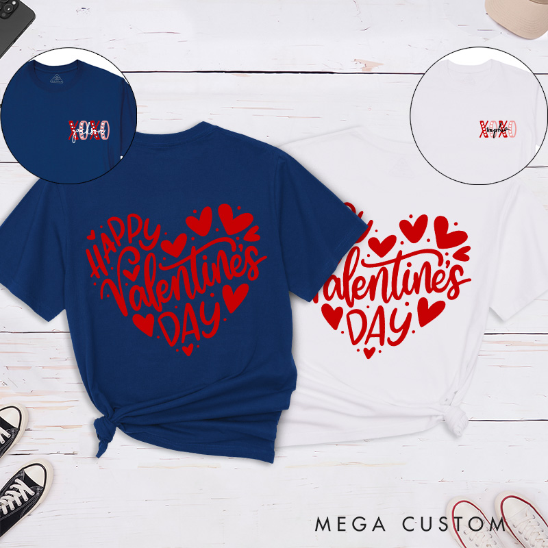 Personalized Couple Happy Valentine's Day Matching T-Shirt XOXO with Name T-Shirt for Husband Wife Boyfriend Girlfriend Gift for Hubby Wifey