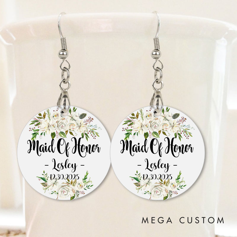 Personalized Floral Maid of Honor Earrings Bride Earrings Bachelorette Party Gift