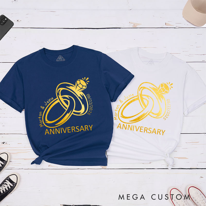 Personalized Golden Rings Anniversary T-Shirt Elegant Celebrate Couple Anniversary T-Shirts for Husband Wife Anniversary Gift Tees