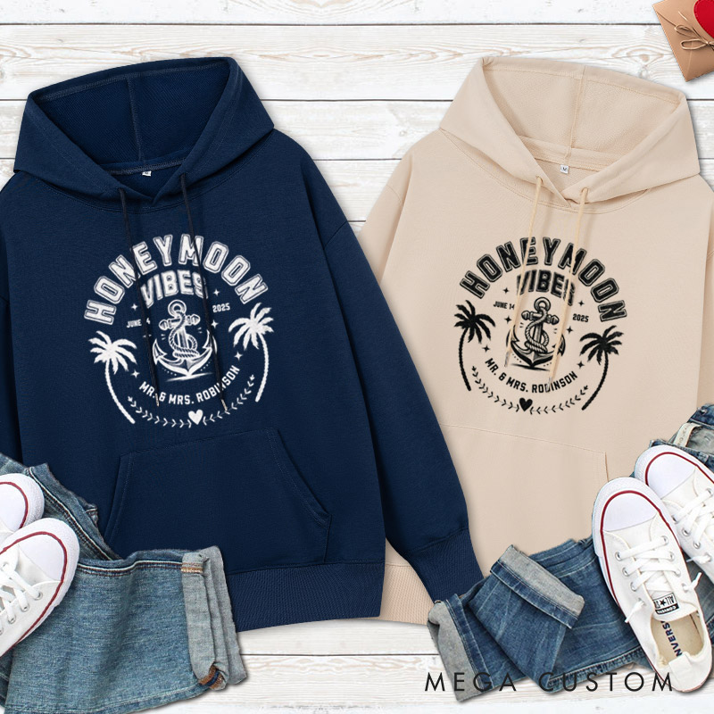 Personalized Nautical Honeymoon Vibes with Anchor and Palm Trees Matching Honeymoon Couple Hoodie
