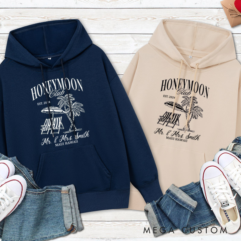 Personalized Classic Tropical Honeymoon Club with Beach Scene Matching Honeymoon Couple Hoodie