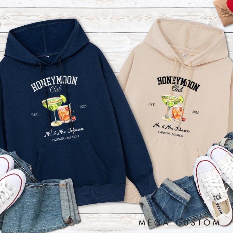 Personalized Tropical Honeymoon Club with Colorful Cocktails Matching Honeymoon Couple Hoodie