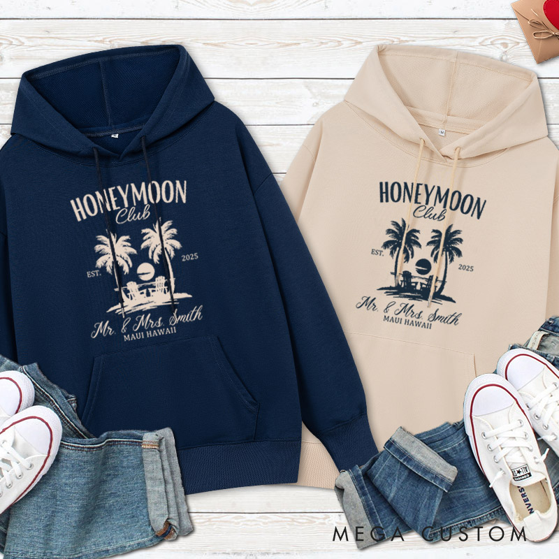 Personalized Vintage Tropical Honeymoon Club with Sunset Matching Honeymoon Couple Hoodie