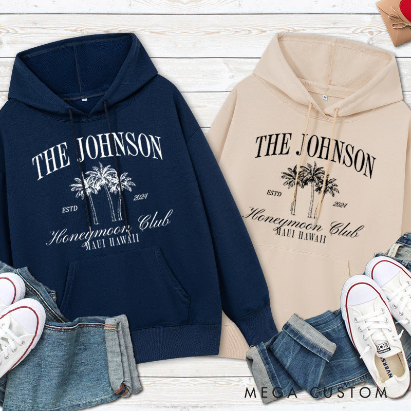 Personalized Classic Honeymoon Club with Palm Trees Matching Honeymoon Couple Hoodie