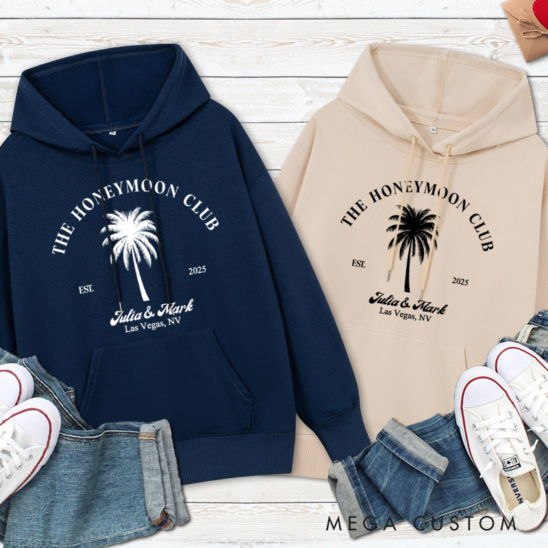 Personalized Tropical The Honeymoon Club with Palm Tree Matching Honeymoon Couple Hoodie