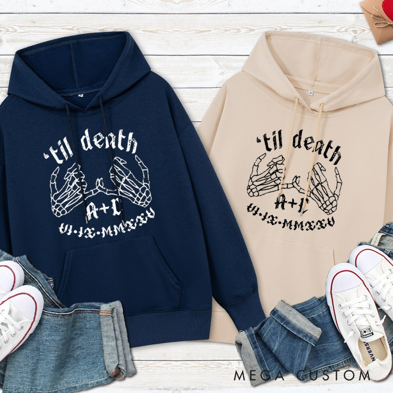 Personalized Til Death Skeleton Finger Hooks with Initials and Dates Matching Wedding Couple Hoodie