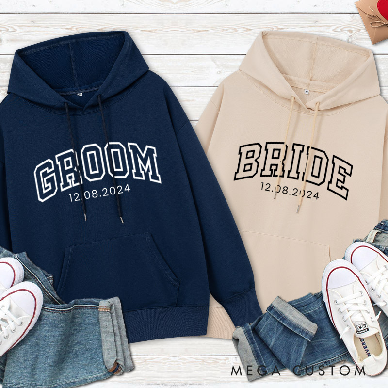 Personalized Varsity-Inspired Bride and Groom with Date Matching Wedding Couple Hoodie