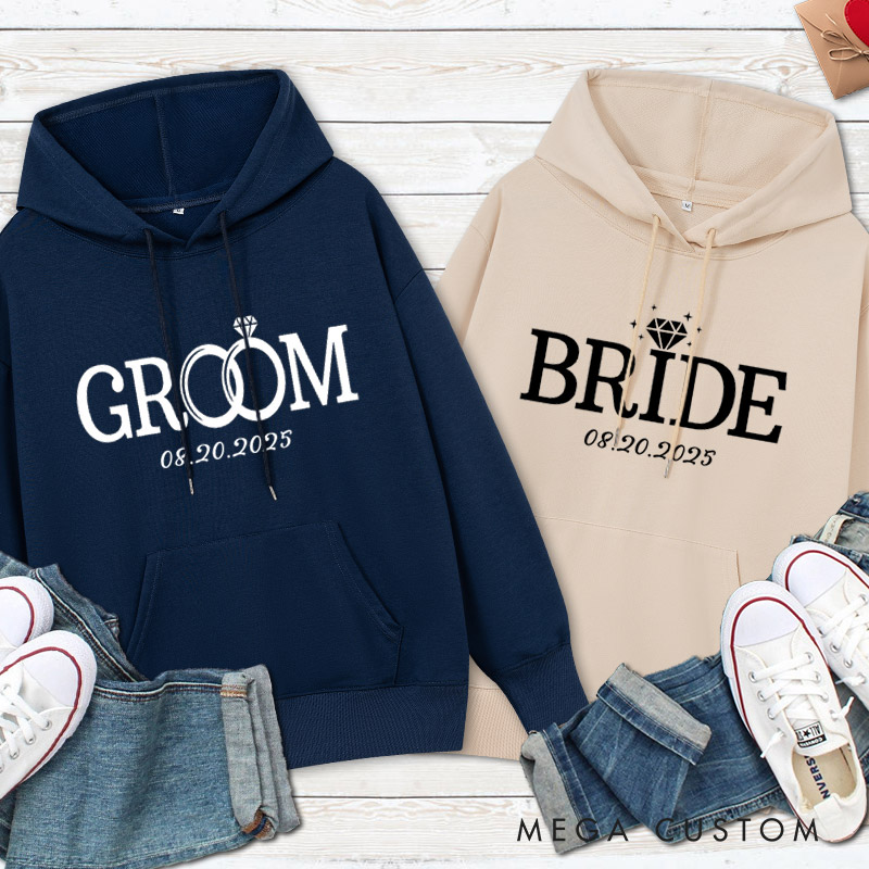 Personalized Elegant Bride and Groom with Rings Matching Wedding Couple Hoodie