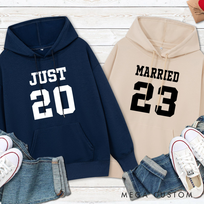 Personalized Bold Sports-Inspired Just Married Matching Wedding Couple Hoodie