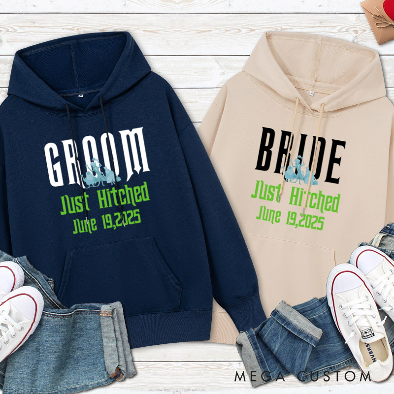 Personalized Playful Just Hitched Bride and Groom Wedding Couple Hoodie