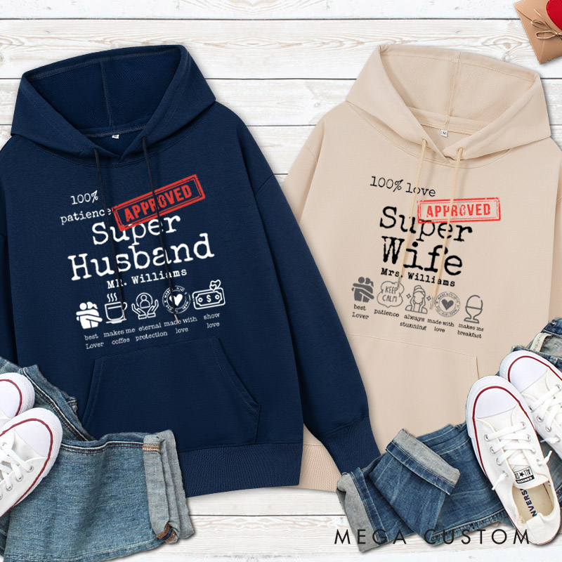 Personalized Fun Approved Super Wife and Super Husband Matching Wedding Couple Hoodie