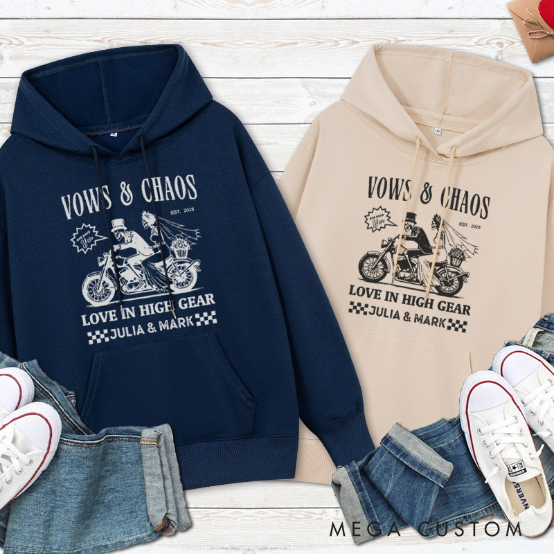 Personalized Vows & Chaos Motorcycle-Themed Love In High Gear Wedding Couple Hoodie