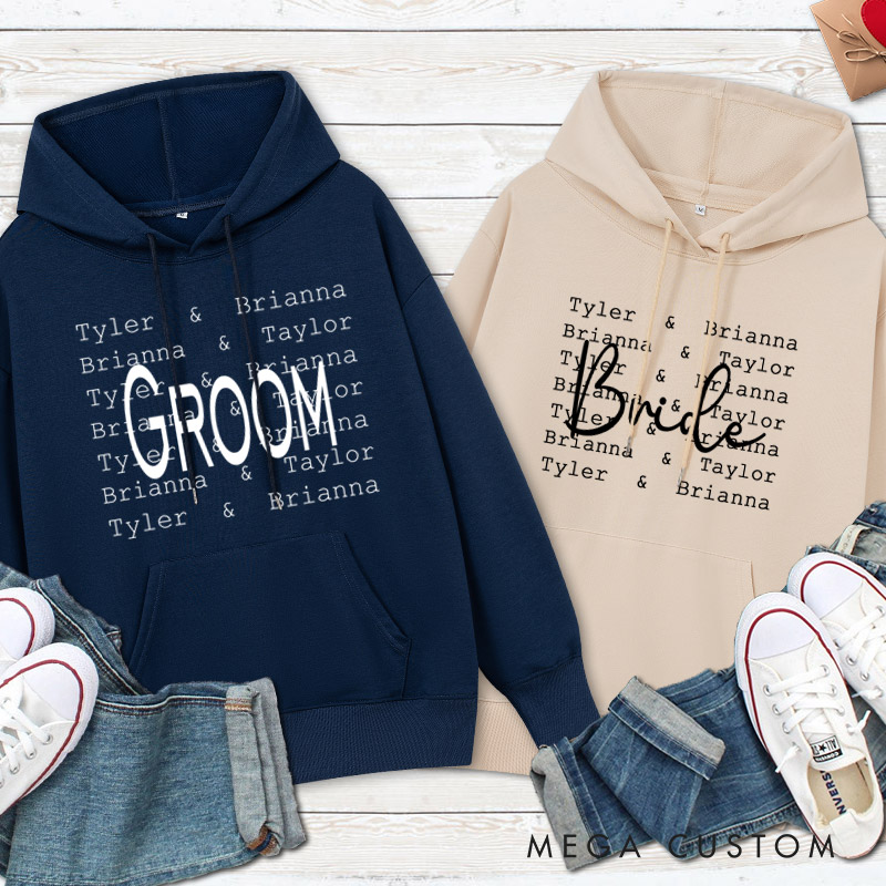 Personalized Modern Repetitive Text Bride and Groom Wedding Couple Hoodie