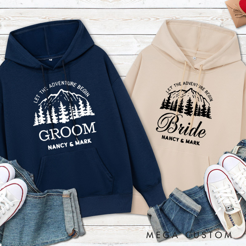 Personalized Mountain Serene Let The Adventure Begin Bride and Groom Wedding Couple Hoodie